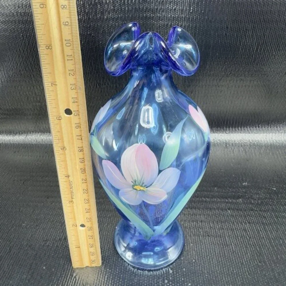 Vintage Fenton Art Glass Vase‎ Vessel Blue Hand Painted Flowers W Sticker Vase